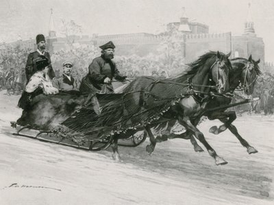 Sanie z niebieską jedwabną siatką, aby śnieg nie zalał okupantów, Kreml w tle autorstwa Frederic de Haenen