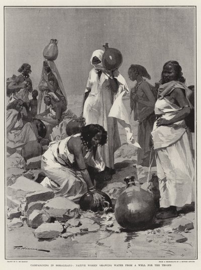 Kampania w Somalilandzie, tubylcze kobiety czerpiące wodę ze studni dla żołnierzy autorstwa Frederic de Haenen