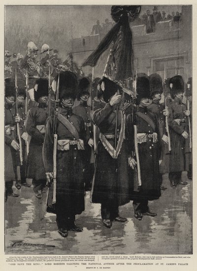 Boże chroń Króla, Lord Roberts salutujący do hymnu narodowego po proklamacji w Pałacu św. autorstwa Frederic de Haenen
