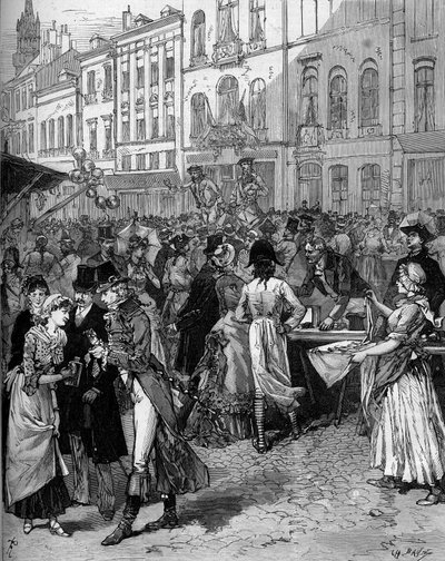 Historyczne obchody upamiętnienia oblężenia Lille w 1792 roku: Braderie Watteau (wielki jarmark) na ulicach miasta z modnymi mieszkańcami XVIII wieku. Grawerowanie autorstwa De Haenen w „” Le Monde Illustré”” nr 1334 z 21 października autorstwa Frederic de Haenen