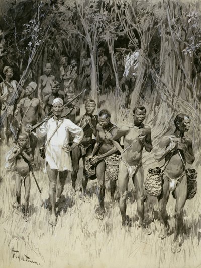 „Jak handluje biały człowiek w Kongo: sprowadzanie gumy i zakładników” (monochromatyczne przemycia na karcie) autorstwa Frederic de Haenen