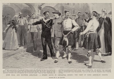 John Bull i brat Jonathan, scena uliczna na Gibraltarze podczas wizyty niektórych amerykańskich żołnierzy autorstwa Frederic de Haenen