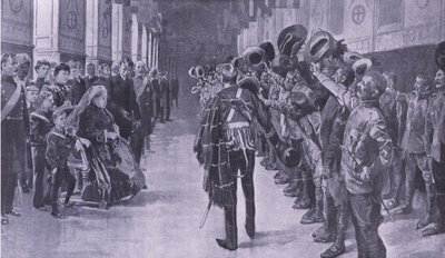 Królowa Wiktoria podczas inspekcji inwalidów kolonistów w St Georges Hall w Windsorze, ilustracja z filmu After Pretoria: The Guerilla War, 1902 autorstwa Frederic de Haenen