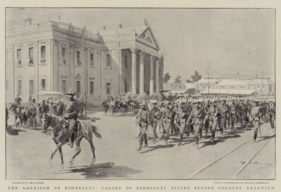 Garnizon Kimberley, Parada Strzelców Kimberley przed pułkownikiem Kekewich. autorstwa Frederic de Haenen