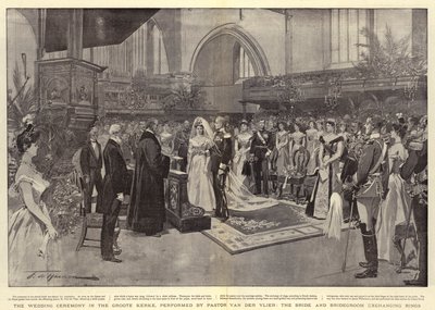 Ceremonia ślubna w Groote Kerke w wykonaniu pastora Van der Vliera, panna młoda i pan młody wymieniają pierścienie autorstwa Frederic de Haenen