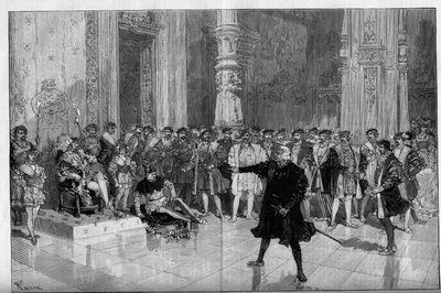 Przedstawienie teatralne: „Król się bawi” Victora Hugo (1808-1883). Akt I scena 5: pokój w Luwrze, klątwa. M. de Saint Vallier (Saint-Vallier) przed królem Franciszkiem I (Mounet Sully (lub Mounet Sully) 1841-1916) i błazen Triboulet (Edmond autorstwa Frederic de Haenen