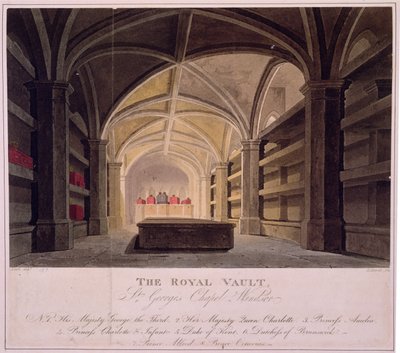 Skarbiec królewski, kaplica św. Jerzego, Windsor, rytowany przez Daniela Havella (1785-1826) (kolor lito) autorstwa Frederick (after) Nash