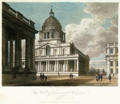 Widok szpitala w Greenwich (Kent, Anglia), opis kopuły i północno-wschodniego narożnika dworu króla Wilhelma (Williama), z namalowaną północną fasadą hali i częścią dziedzińca i kaplicy królowej Marii autorstwa Frederick (after) Nash