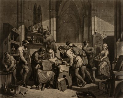 William Caxton - badanie pierwszego arkusza próbnego z jego prasy drukarskiej w Opactwie Westminsterskim, A.D. 1474 autorstwa Frederick Bacon