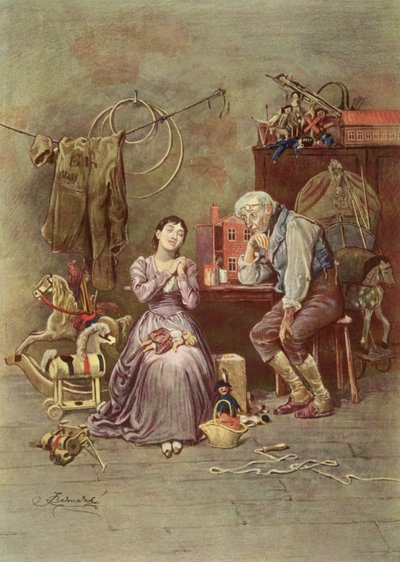 Caleb Plummer i jego niewidoma córka, scena z „Świeszcza na ognisku” (1845) Charlesa Dickensa (1812-70) autorstwa Frederick Barnard