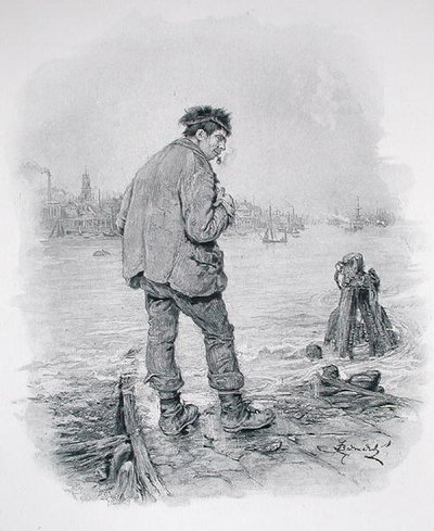 Rogue Riderhood at Limehouse Hole, z książki „Charles Dickens: A Gossip about his Life”, autorstwa Thomasa Archera, opublikowanej ok. 1894 (litografia) autorstwa Frederick Barnard