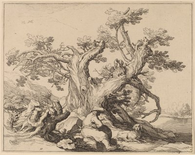 Mężczyzna i jego pies odpoczywają przy wielkim drzewie autorstwa Frederick Bloemaert after Abraham Bloemaert