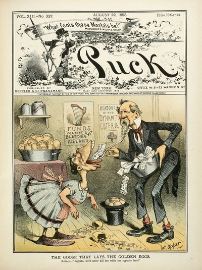 "Gęś, która znosi złote jaja", Puck, okładka, 22 sierpnia autorstwa Frederick Burr Opper