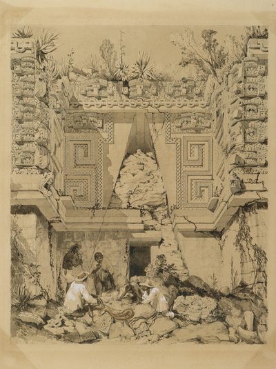 Brama, Casa del Gobernador, Uxmal, Jukatan, 1843 (atrament w kolorze sepii i pranie na papierze tkanym) autorstwa Frederick Catherwood