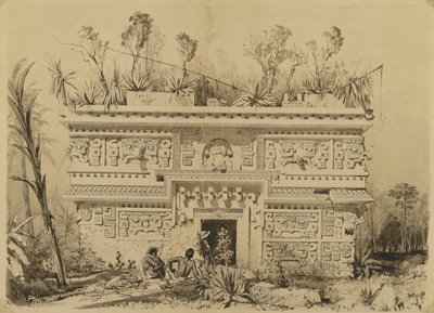 Las Monjas, Chichen Itza, Jukatan, 1843 (atrament w kolorze sepii i pranie na papierze tkanym) autorstwa Frederick Catherwood