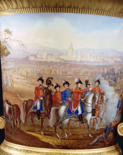 Szczegół Wellingtona i jego oficerów ze smukłej kampanowej ze złotej ziemi w Berlinie i cokołu typu usługowego Wellington, namalowany sceną bitwy pod Vittorią, 1817 autorstwa Frederick Christian Lewis