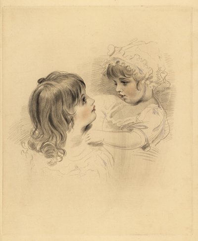 Portret dwójki dzieci. Starszy trzymający niechętnie młodsze dziecko w czepku i sukience. Ręcznie barwiony grawer autorstwa Fredericka Christiana Lewisa według ilustracji Sir Thomasa Lawrence