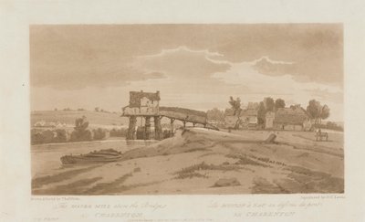 Młyn wodny nad mostem w Charenton 1803; Płyta 20 z Widoków w Paryżu, Emanuel Objętość śledzenia płyty B181.25.2629 autorstwa Frederick Christian Lewis the Elder