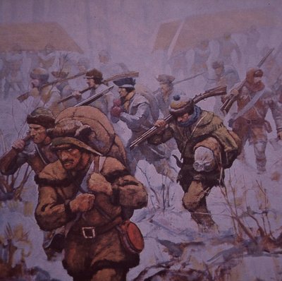 Amerykańska inwazja Kanady. Żołnierze Benedicta Arnolda maszerujący z Bostonu do Quebecu w 1775 r., ok. 1930 r. (kolor lito) autorstwa Frederick Coffay (after) Yohn