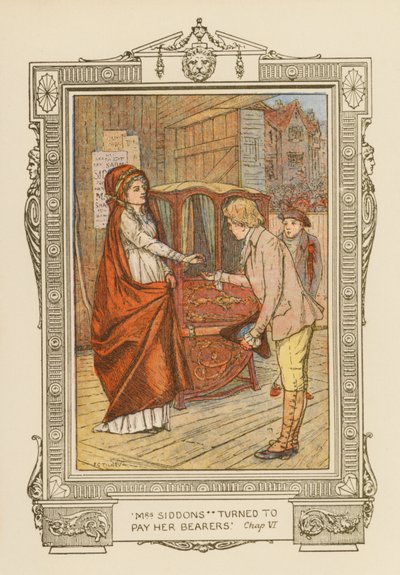 "Pani Siddons odwróciła się, by zapłacić swoim nosicielom" (kolorowa litografia) autorstwa Frederick Colin Tilney