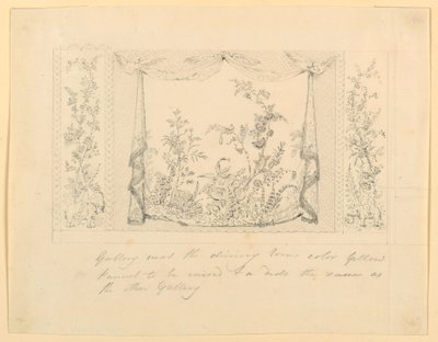 Rysunek, Pawilon Królewski, Brighton, Niebieski (południowy) salon, proponowana dekoracja ścienna, ok. 1820 r. autorstwa Frederick Crace