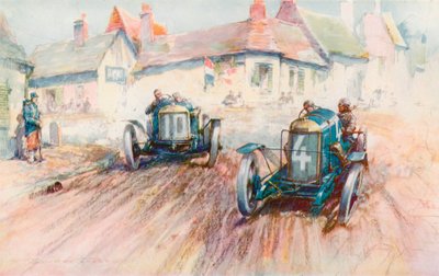 Bablot za kierownicą 3-litrowego Delage nr 10 ściga Peugeota Boillota w wyścigu Voiturette w 1911 roku w Boulogne (kolor lito) autorstwa Frederick Gordon (after) Crosby