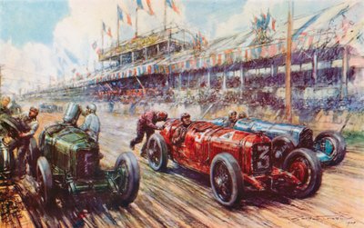 W Grand Prix 1924 Alfa Romeo Ascari doprowadziła wyścig prawie do mety, ale przegrała, ponieważ silnik nie uruchomił się ponownie po postoju (kolor lito) autorstwa Frederick Gordon (after) Crosby