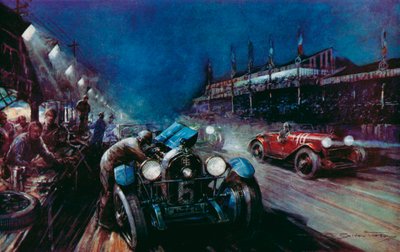 Jeden z udanych samochodów Lorraine-Dietrich uzupełniany w boksie podczas nocnego biegu w 24-godzinnym wyścigu Le Mans (kolor lito) autorstwa Frederick Gordon (after) Crosby