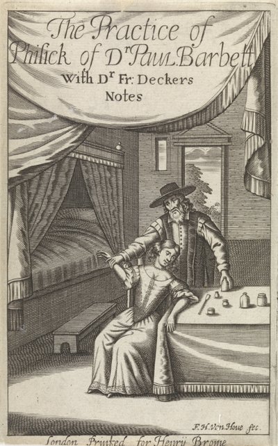 Lekarz z młodą kobietą we wnętrzu Strona tytułowa dla: Dekkers, F., The Practice of Phisick of Dr. Paul Barbett autorstwa Frederick Hendrick van den Hove