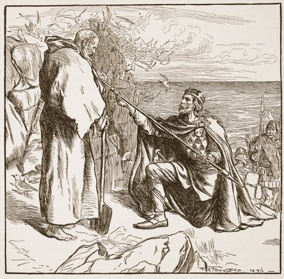 Egfrid błagający św. Cuthberta, ilustracja z „Kościoła anglikańskiego: historia dla ludu” autorstwa H.D.M. Spence-Jones, wyd. ok. 1910 (zdjęcie w sepii) autorstwa Frederick Henry Townsend