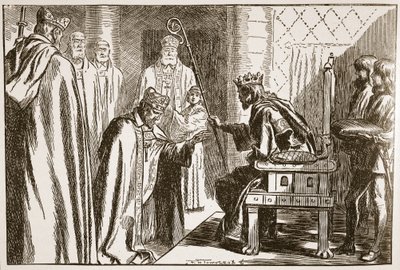 Inwestytura saskiego biskupa, ilustracja z „Kościoła anglikańskiego: historia dla ludu” autorstwa H.D.M. Spence-Jones, wyd. ok. 1910 (zdjęcie w sepii) autorstwa Frederick Henry Townsend