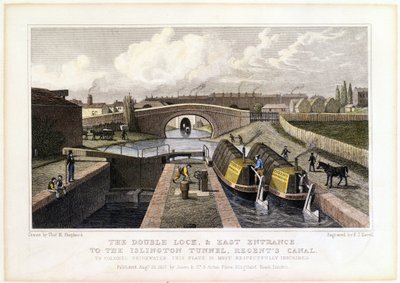 Podwójna śluza i wschodnie wejście do tunelu Islington, kanał Regents, 1827 r autorstwa Frederick James Havell