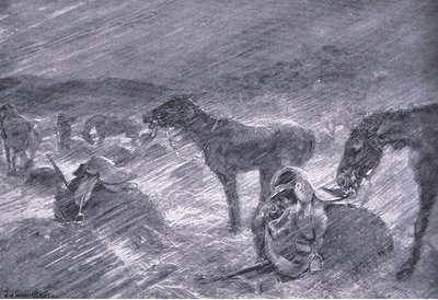 Południowoafrykańska burza gradowa, z After Pretoria: The Guerilla War, wydanej przez Harmsworth Bros Limited, 1901 r. autorstwa Frederick Judd Waugh