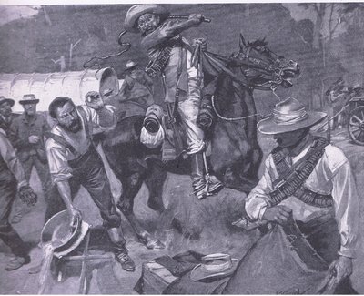Burskie traktowanie wysłanników pokoju: chłosta Margendaal, z książki After Pretoria: The Guerilla War wydanej przez Harmsworth Bros Limited, 1901 autorstwa Frederick Judd Waugh