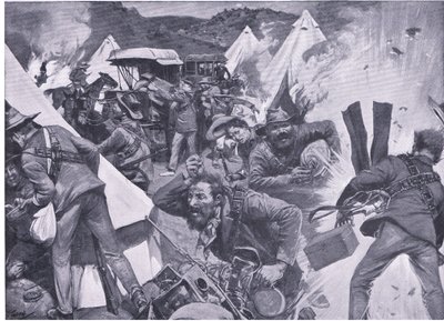 Burowie plądrują brytyjski obóz w Nooitgedacht pod ostrzałem artyleryjskim, z książki After Pretoria: The Guerilla War wydanej przez Harmsworth Bros Limited, 1901 autorstwa Frederick Judd Waugh