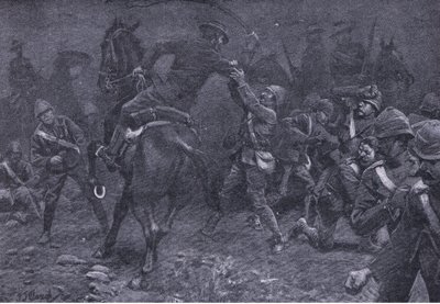 Major Boole-Smith walczy z De Wet z After Pretoria: The Guerilla War wydanego przez Harmsworth Bros Limited, 1901 autorstwa Frederick Judd Waugh