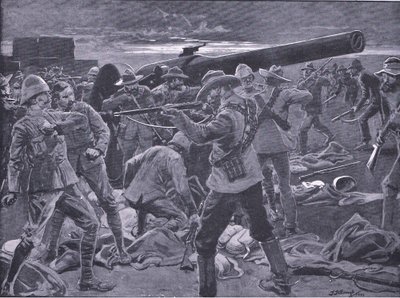 Atak na Gun Hill: Kanonierzy marynarki 47 zaskoczeni, z After Pretoria: The Guerilla War wydanego przez Harmsworth Bros Limited, 1901 autorstwa Frederick Judd Waugh