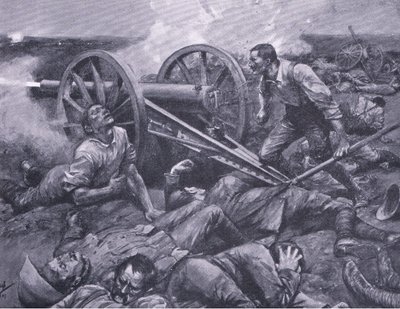 Obrona Dewetsdorp: praca na 15-funtowym samotniku, ilustracja z After Pretoria: The Guerilla War, 1902 autorstwa Frederick Judd Waugh