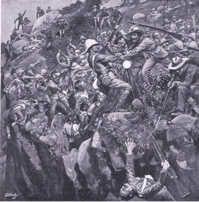 Katastrofa w Nooitgeddacht: Koniec dzielnego sygnalisty, z książki After Pretoria: The Guerilla War wydanej przez Harmsworth Bros Limited, 1901 autorstwa Frederick Judd Waugh