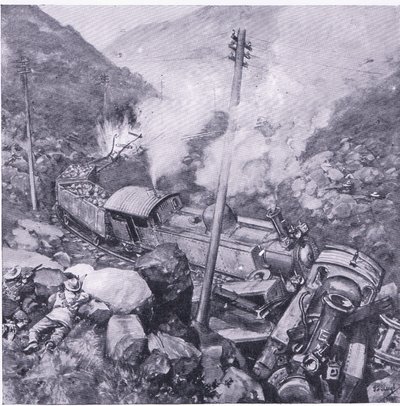 Rozbicie pociągu pancernego w pobliżu Vlakfontein, ilustracja z filmu After Pretoria: The Guerilla War, 1902 autorstwa Frederick Judd Waugh