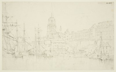 St Mary Redcliffe i Redcliffe Wharf od mostu Prince Street autorstwa Frederick Mackenzie