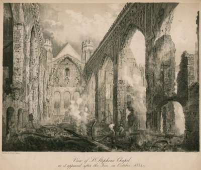 Widok kaplicy św. Szczepana po pożarze w październiku 1834 r. autorstwa Frederick Mackenzie