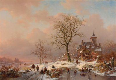 Pejzaż zimowy z postaciami bawiącymi się na lodzie, 1868 autorstwa Frederick Marianus Kruseman