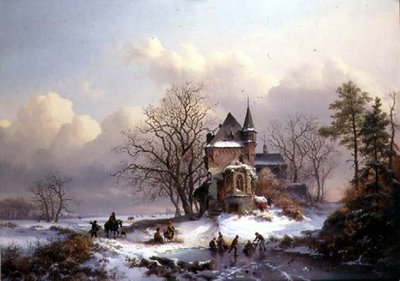 Zimowy pejzaż z łyżwiarzami (olej na płótnie) autorstwa Frederick Marianus Kruseman