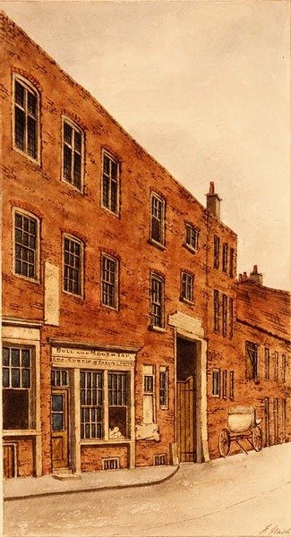Bull and Mouth Inn, St. Martin le Grand autorstwa Frederick Nash