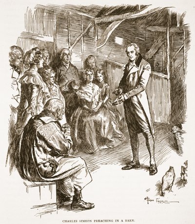 Charles Simeon wygłasza kazanie w stodole, ilustracja z „Kościoła anglikańskiego: historia dla ludu” autorstwa H.D.M. Spence-Jones, wyd. ok. 1910 (zdjęcie w sepii) autorstwa Frederick Pegram