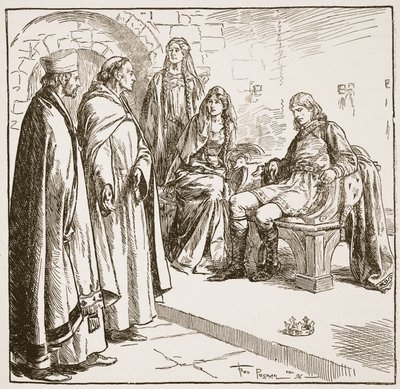 Dunstan, Edwy i Elgiva, ilustracja z „Kościoła anglikańskiego: historia dla ludu” autorstwa H.D.M. Spence-Jones, wyd. ok. 1910 (zdjęcie w sepii) autorstwa Frederick Pegram