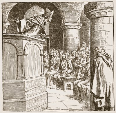 Ostatnie kazanie Dunstana, ilustracja z „Kościoła anglikańskiego: historia dla ludu” autorstwa H.D.M. Spence-Jones, wyd. ok. 1910 (zdjęcie w sepii) autorstwa Frederick Pegram