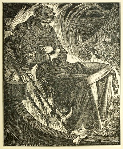 Śmierć króla Warwulfa, wyd. 1915 grawerowanie, 1915. autorstwa Frederick Sandys