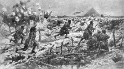 Brytyjski atak z użyciem bagnetu i granatu, Neuve-Chapelle, Francja, 10 marca 1915, 1926. autorstwa Frederick Villiers